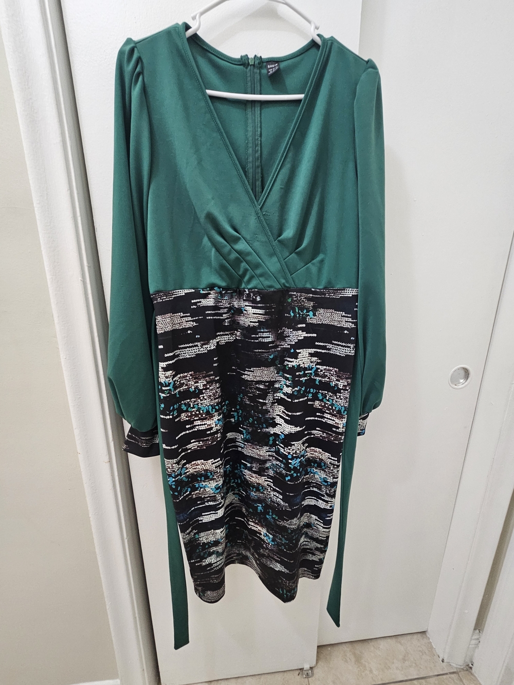 Green Long-Sleeve Wrap Dress with Black Printed Skirt #workwear #longsleeve